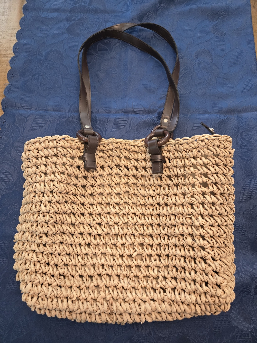 Woven Straw Tote Bag with Dark Brown Handles